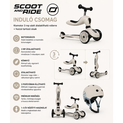 Scoot and Ride Highwaykick 1 2az1ben kismotor és sisak, induló csomag Ash