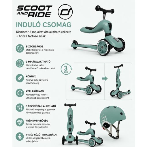 Scoot and Ride Highwaykick 1 2az1ben kismotor és sisak, induló csomag Forest